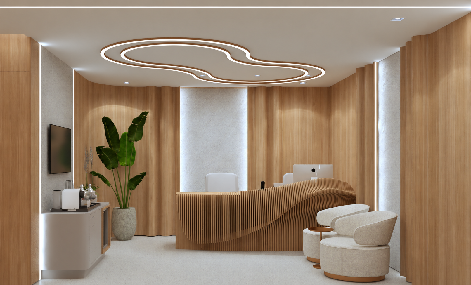 Projeto de recepção com balcão curvo e iluminação orgânica